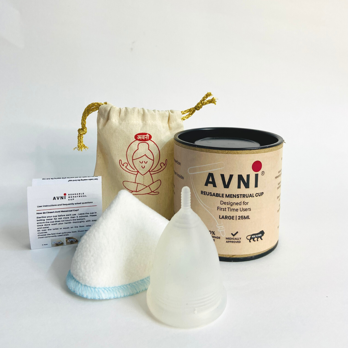 Avni Large Menstrual Cup + Free antimicrobial wipe cloth - 100% medical grade silicone cup, designed for first time users
