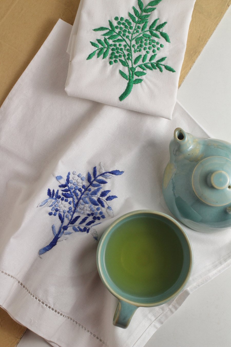 Hand Embroidered Tea Towels - Set of 2
