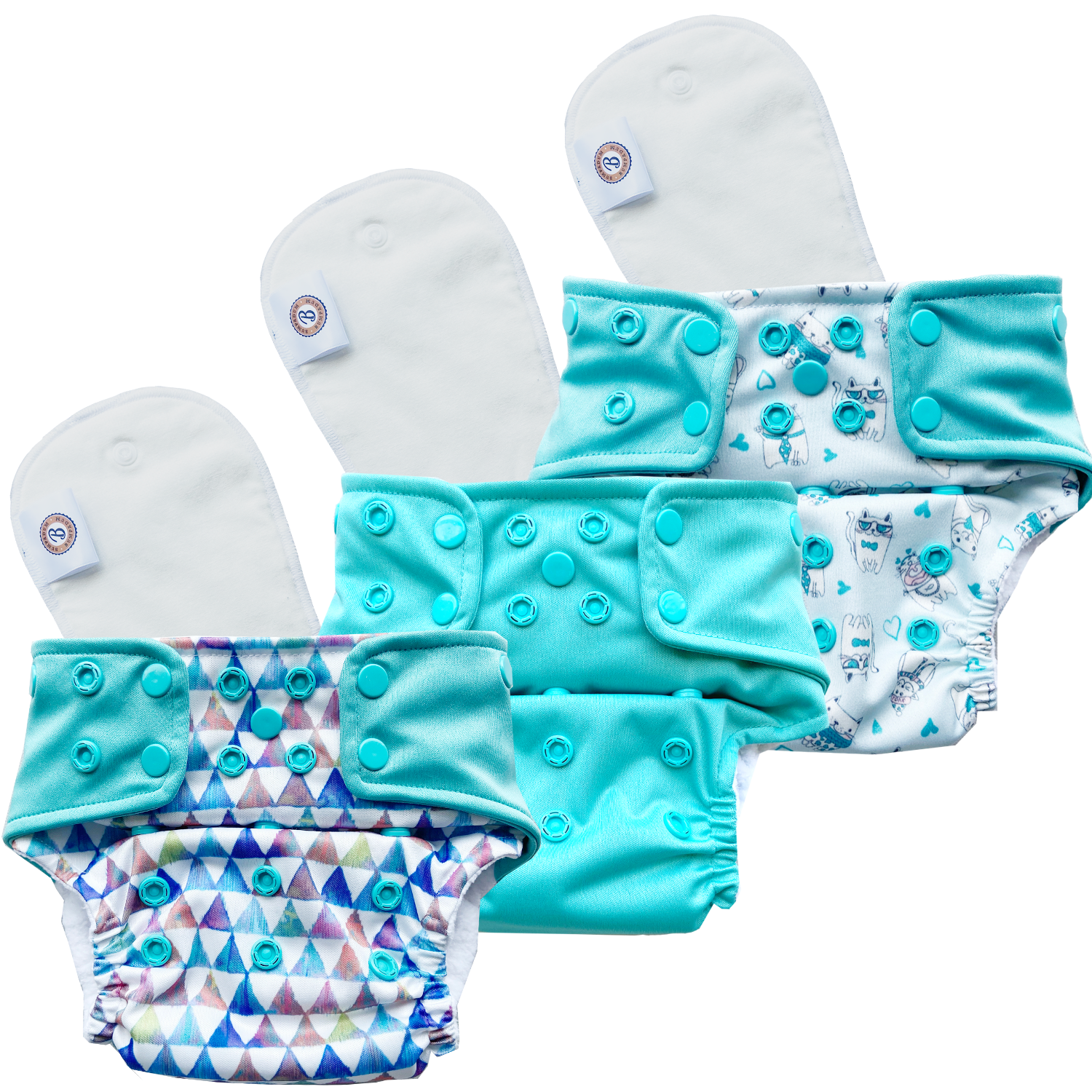 Pack of 3 Waterproof Organic Classic Pocket Diaper with 3 Organic Cotton Insert - Cool Cat, Serene and Trikon