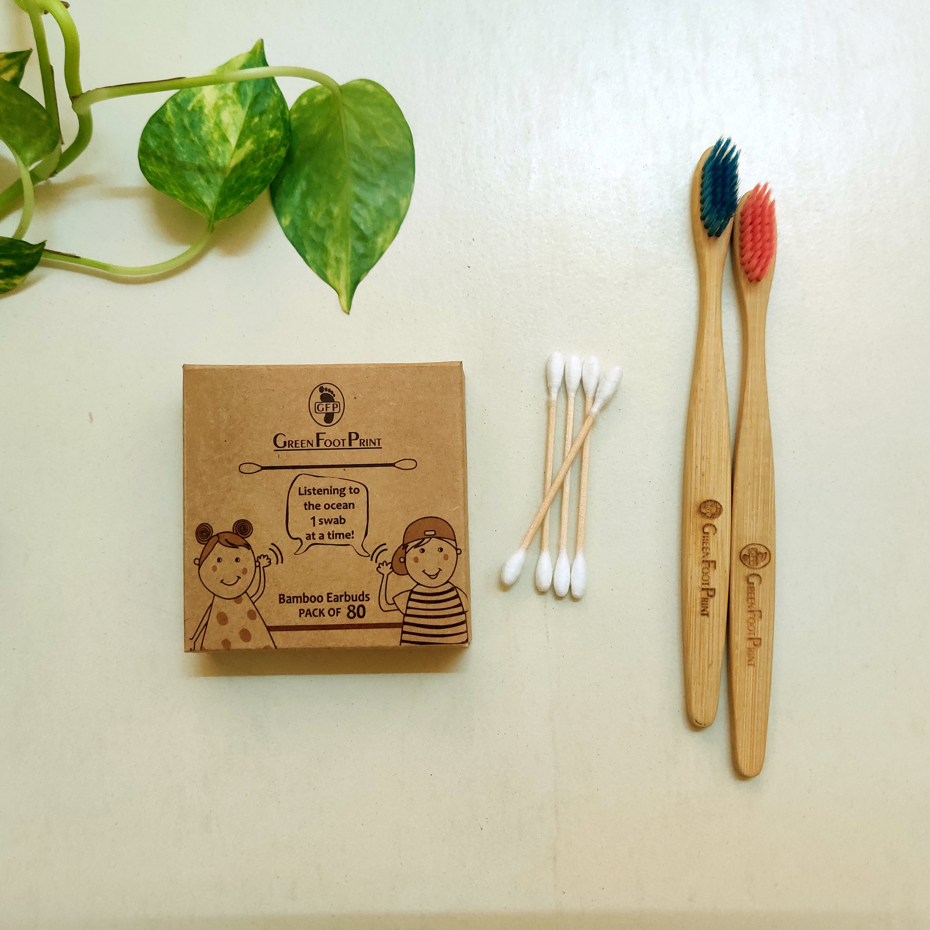 Natural Bamboo Toothbrush - Pack of 2 & Bamboo Earbuds / swabs - Pack of 80 - Green foot print - BeKarmic