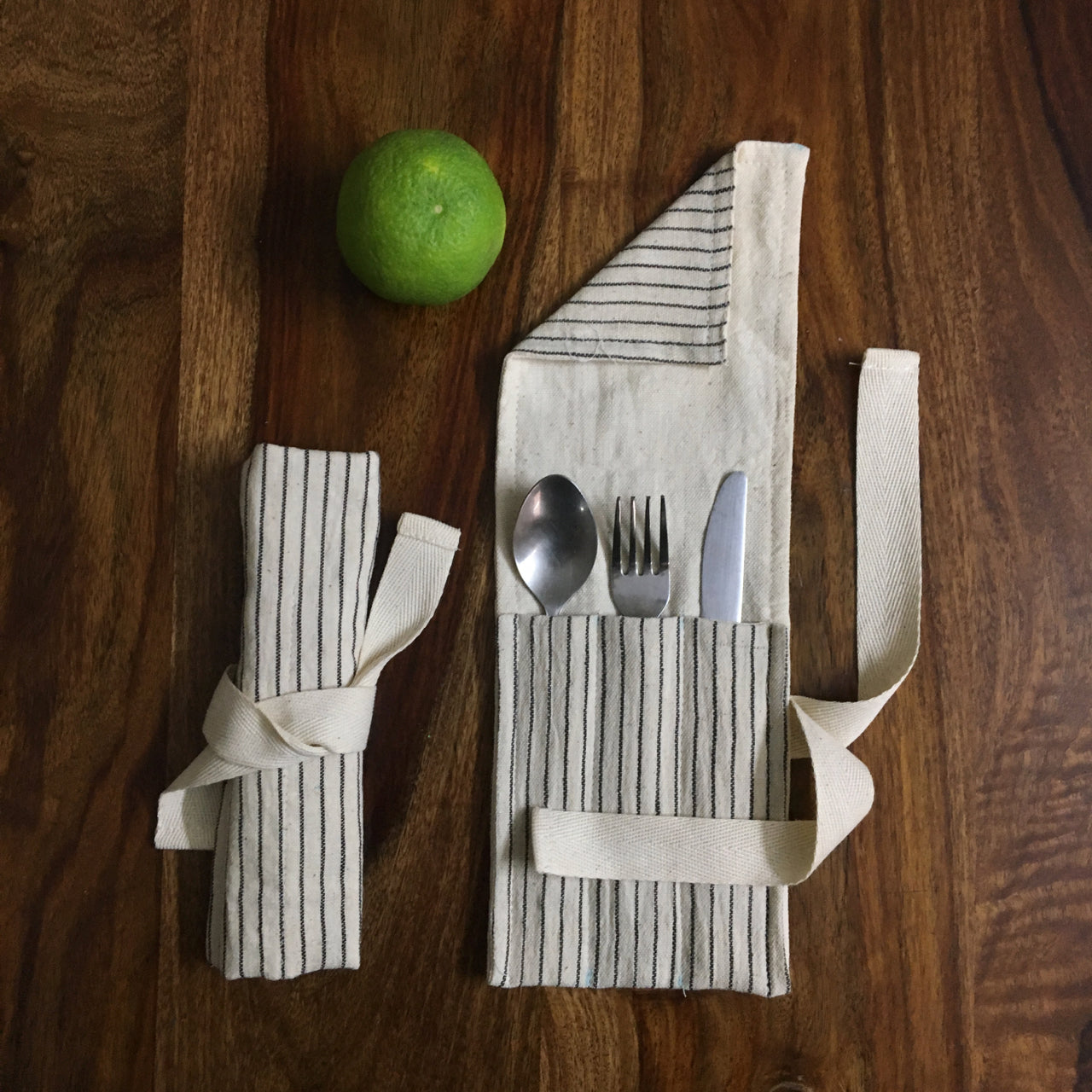 Tanuka Travel Cutlery Wrap in organic Indian 'Kala Cotton' - Black Lines Design - Urban Creative - BeKarmic