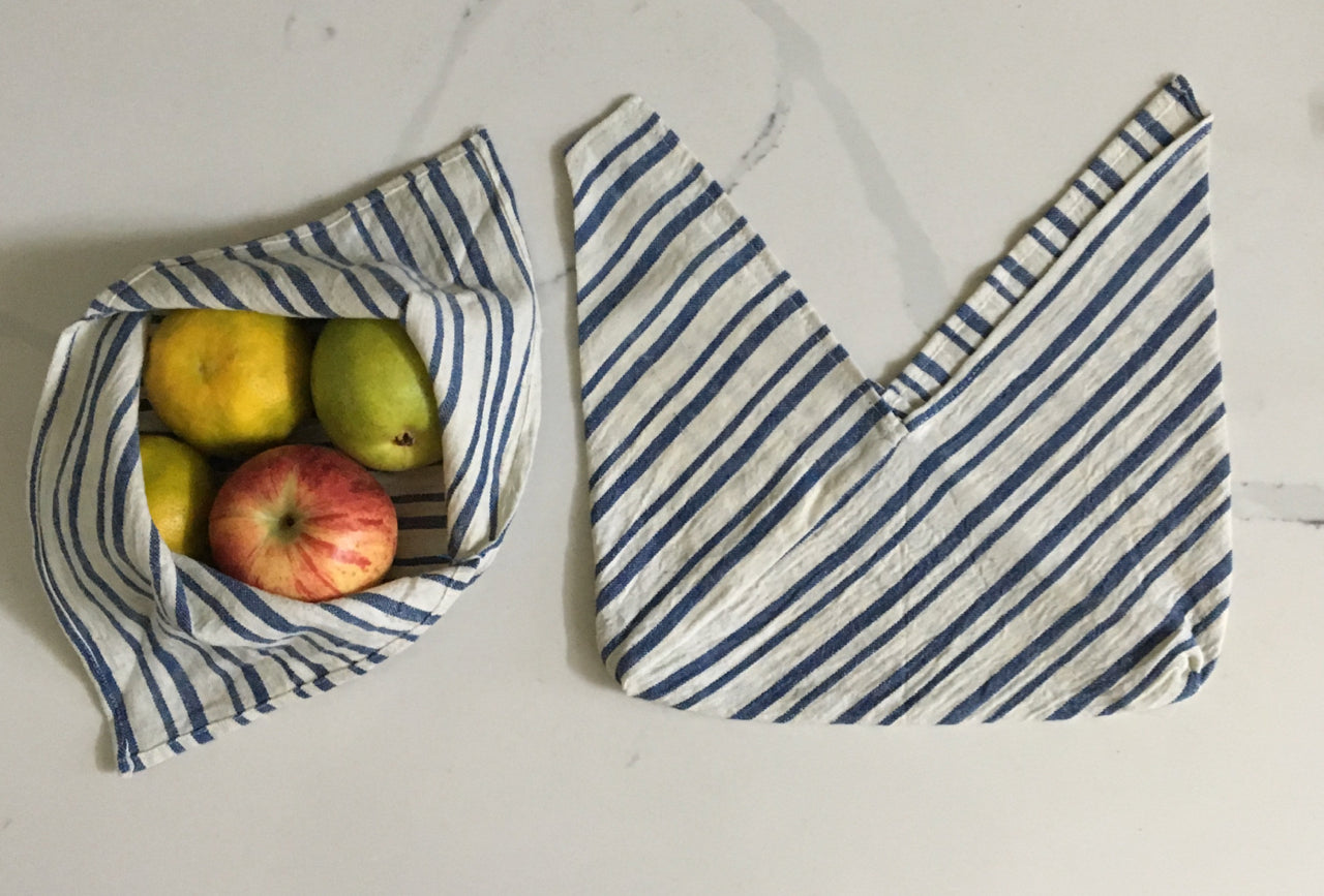 Tanuka - Organic Cotton Bento Bags in indigenous 'Kala Cotton'  - Set of 3 (Assorted patterns and Sizes) - Set of 3 - Blue Stripes - Urban Creative - BeKarmic