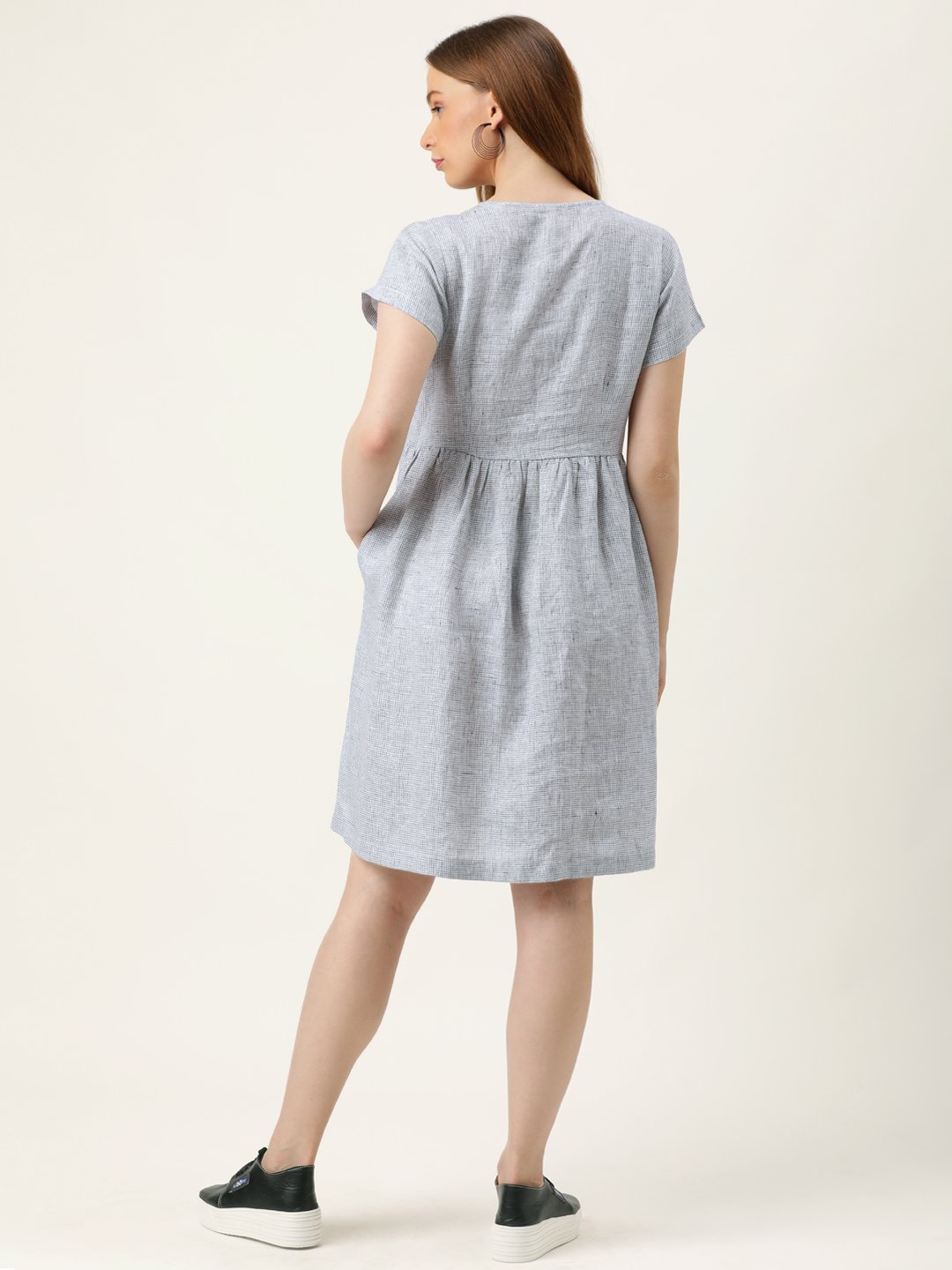 Pure Linen Micro-Checks Gathered Dress - TheMerakiWorld - BeKarmic