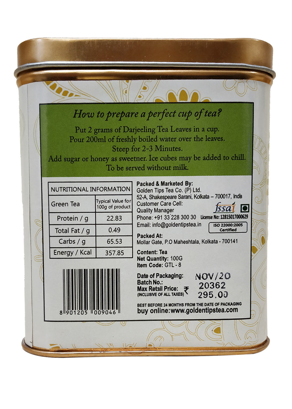 Peach Green Tea - Tin Can - Golden Tips Teas India - BeKarmic