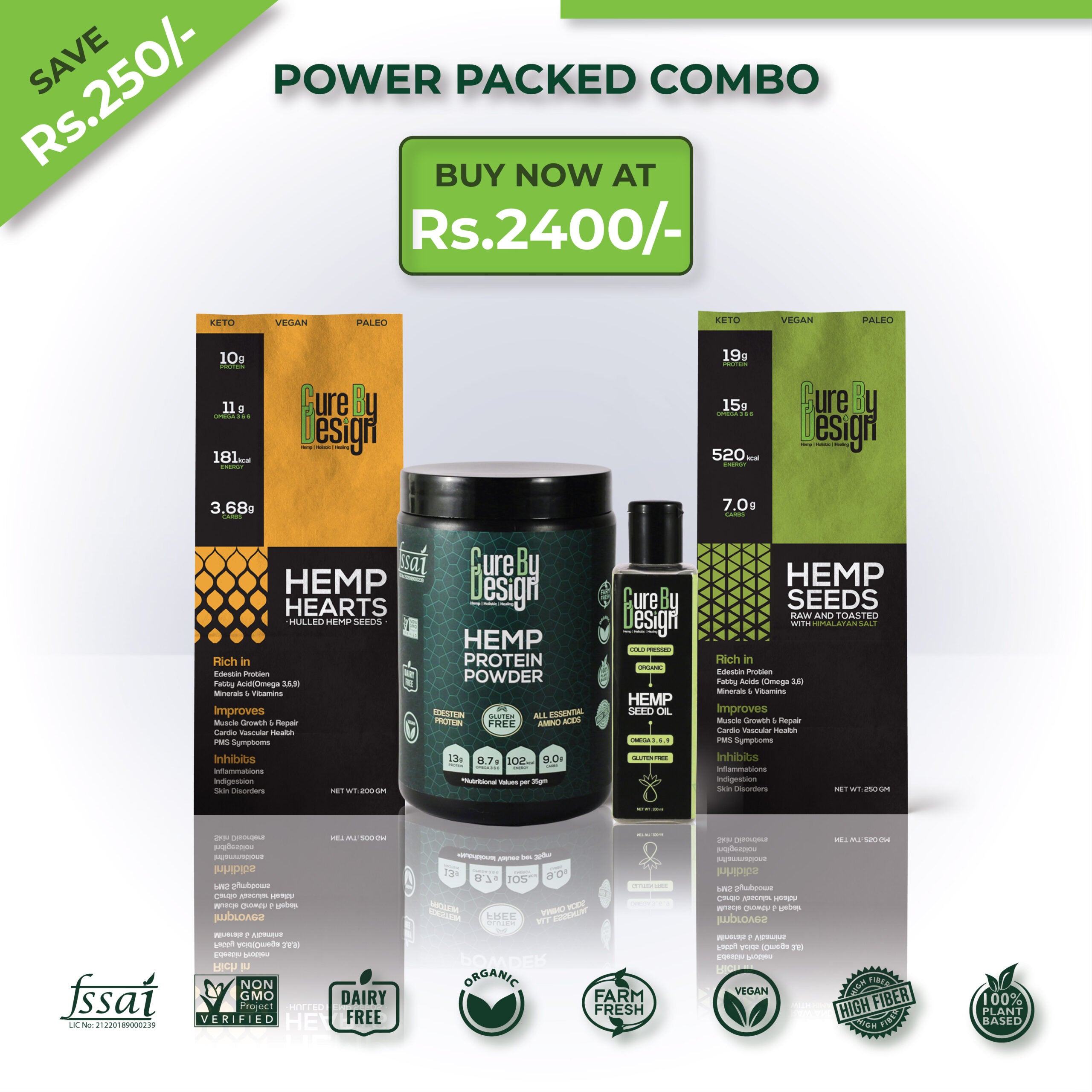 Pack Of 4 - Power Packed Combo (Hemp Seed Oil, Hearts, Protein Powder & Seeds)