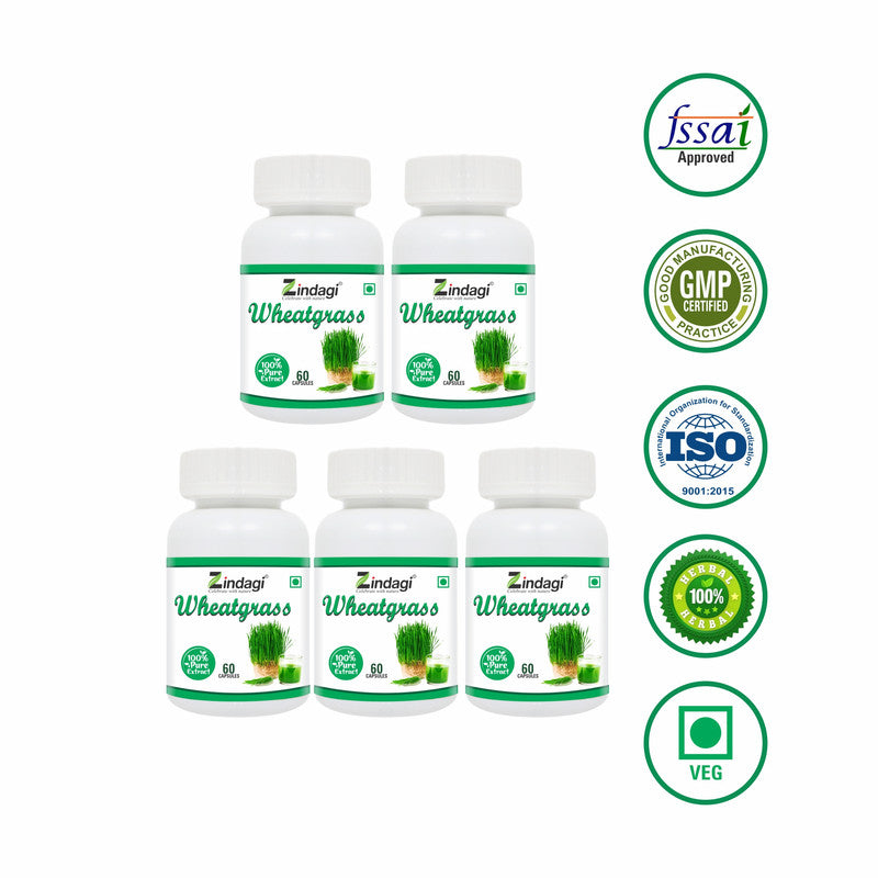 Zindagi - Zindagi Wheatgrass Capsules - Dietery Food Suppliment - 60 Capsules (Pack of 5) | BeKarmic | Wheatgrass Extract Capsules | Health & Wellness, Health Supplement, Health Supplements, 