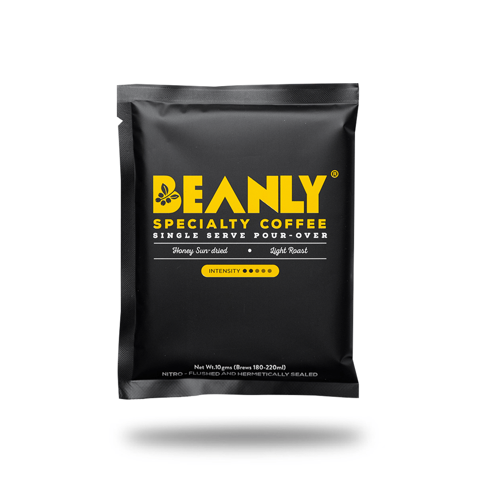 Beanly - Honey Sun-Dried Pour-Over | BeKarmic | Single-Serve Pour-Over | Archive, Beanly, Beverage, Coffee, coffee bag, condensed milk, creamer, Drink, Drip Bag, filter coffee, Less than ₹5